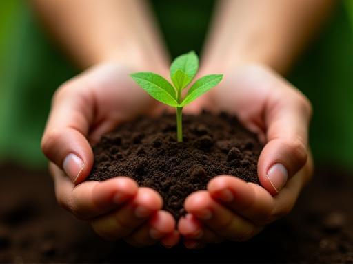 Image representing environmental initiative, hands holding a small plant sprouting from earth.