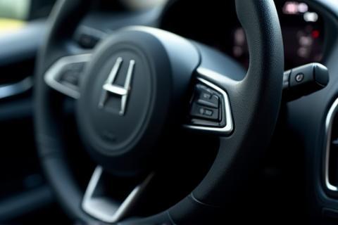 Close-up on a clean car steering wheel and dashboard detail.