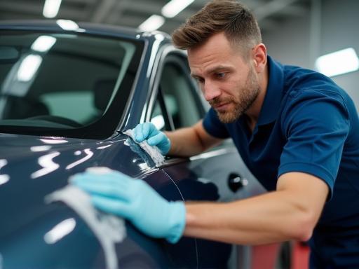Image showcasing a technician cleaning a car with care.